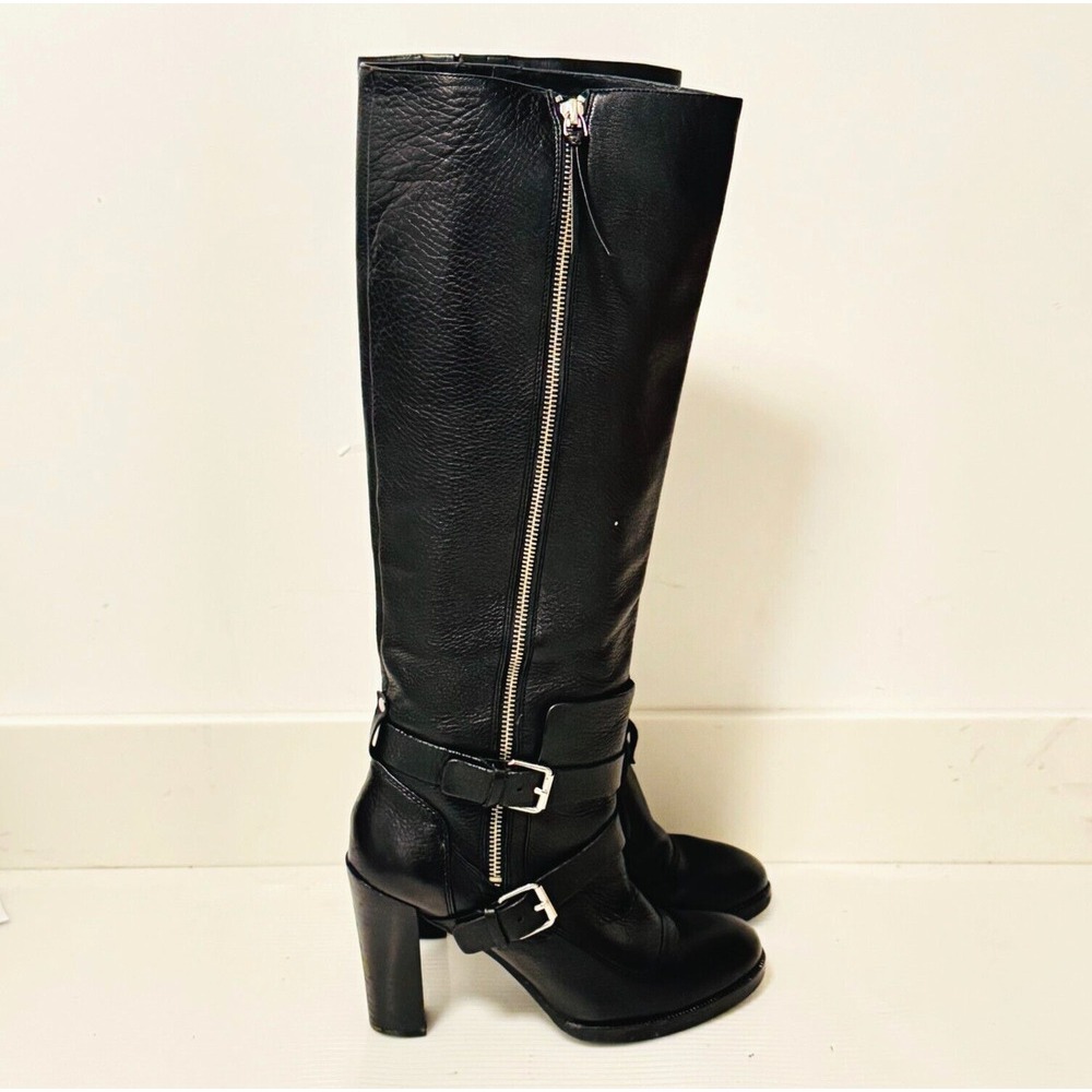 Rebecca Minkoff Boots Womens 8.5 Black Leather Moto Double Buckle Heels Billie